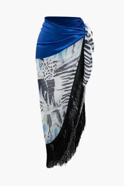 Printed Lantern Sleeve Twist Hem Shirt And Asymmetric Fringe Skirt Set