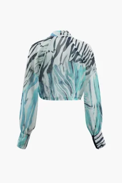 Printed Lantern Sleeve Twist Hem Shirt And Asymmetric Fringe Skirt Set