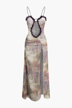 Printed Ruffle Cut Out Mesh Slit Slip Maxi Dress