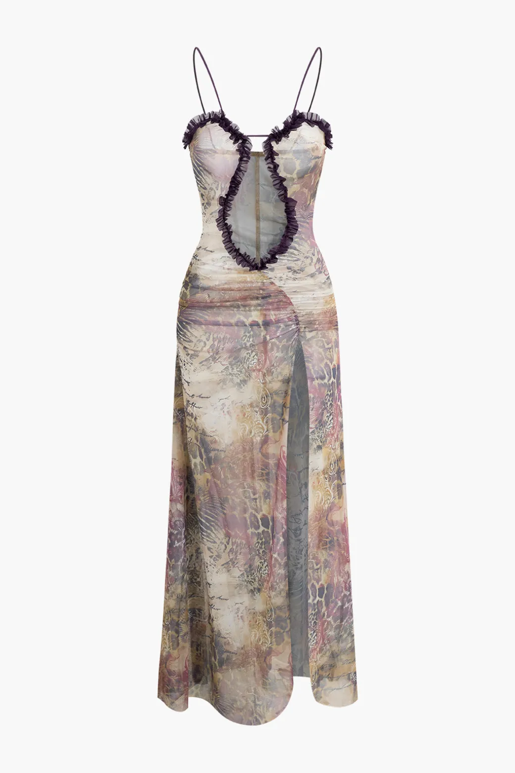 Printed Ruffle Cut Out Mesh Slit Slip Maxi Dress