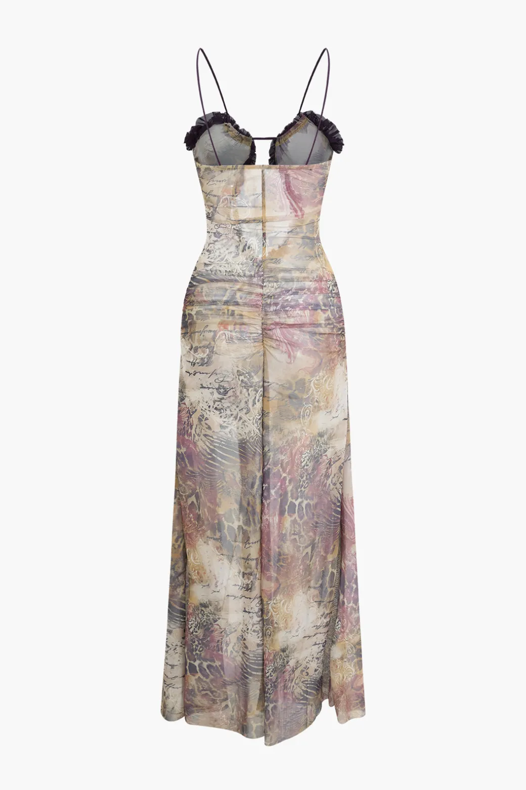 Printed Ruffle Cut Out Mesh Slit Slip Maxi Dress