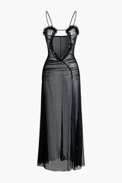 Printed Ruffle Cut Out Mesh Slit Slip Maxi Dress