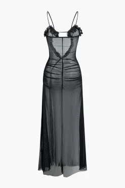 Printed Ruffle Cut Out Mesh Slit Slip Maxi Dress