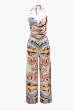 Printed Satin Halter Tie Cami And Wide Leg Pants Set