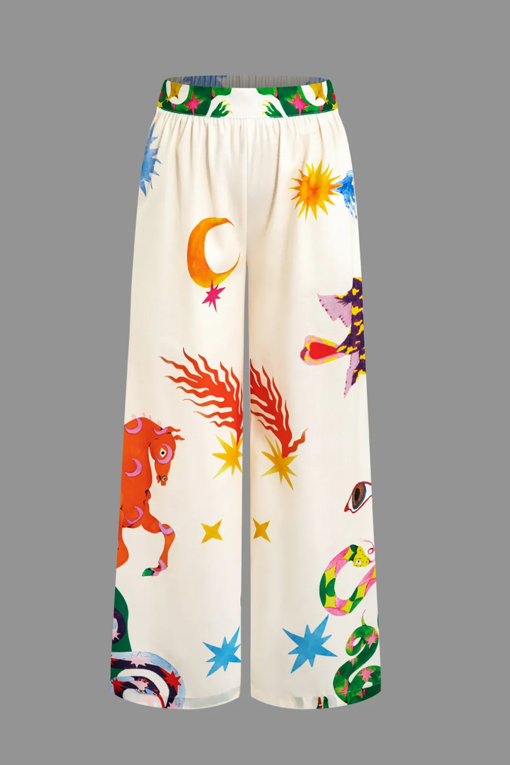 Printed V-Neck Halter Backless Crop Top and Wide Leg Pants Set