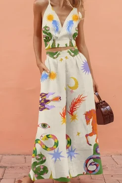 Printed V-Neck Halter Backless Crop Top and Wide Leg Pants Set