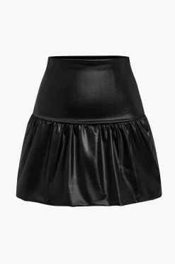Pu Leather Ruched A-Line Skirt