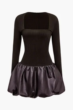 PU Patchwork Ruched Square Neck Mini Dress