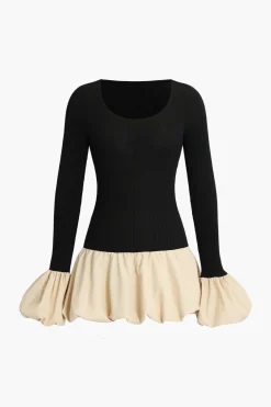 Puff Sleeve Patchwork Long Sleeve Mini Dress