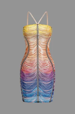 Rainbow Striped Rhinestone Bodycon Mini Dress