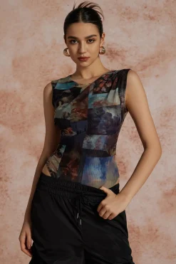 Renaissance Print Sleeveless Mesh Bodysuit