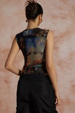 Renaissance Print Sleeveless Mesh Bodysuit