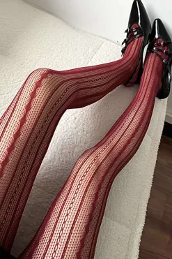 Retro Diamond Vertical Stripes Hollowed-Out Tights