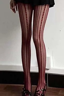 Retro Diamond Vertical Stripes Hollowed-Out Tights
