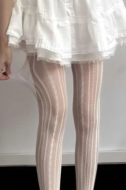 Retro Diamond Vertical Stripes Hollowed-Out Tights