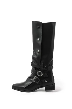 Retro Faux Leather Studded Pointed Toe Knee High Boots