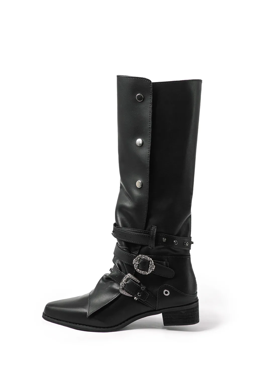 Retro Faux Leather Studded Pointed Toe Knee High Boots