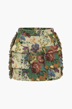 Retro Floral Print Fringe Zipper Mini Skirt
