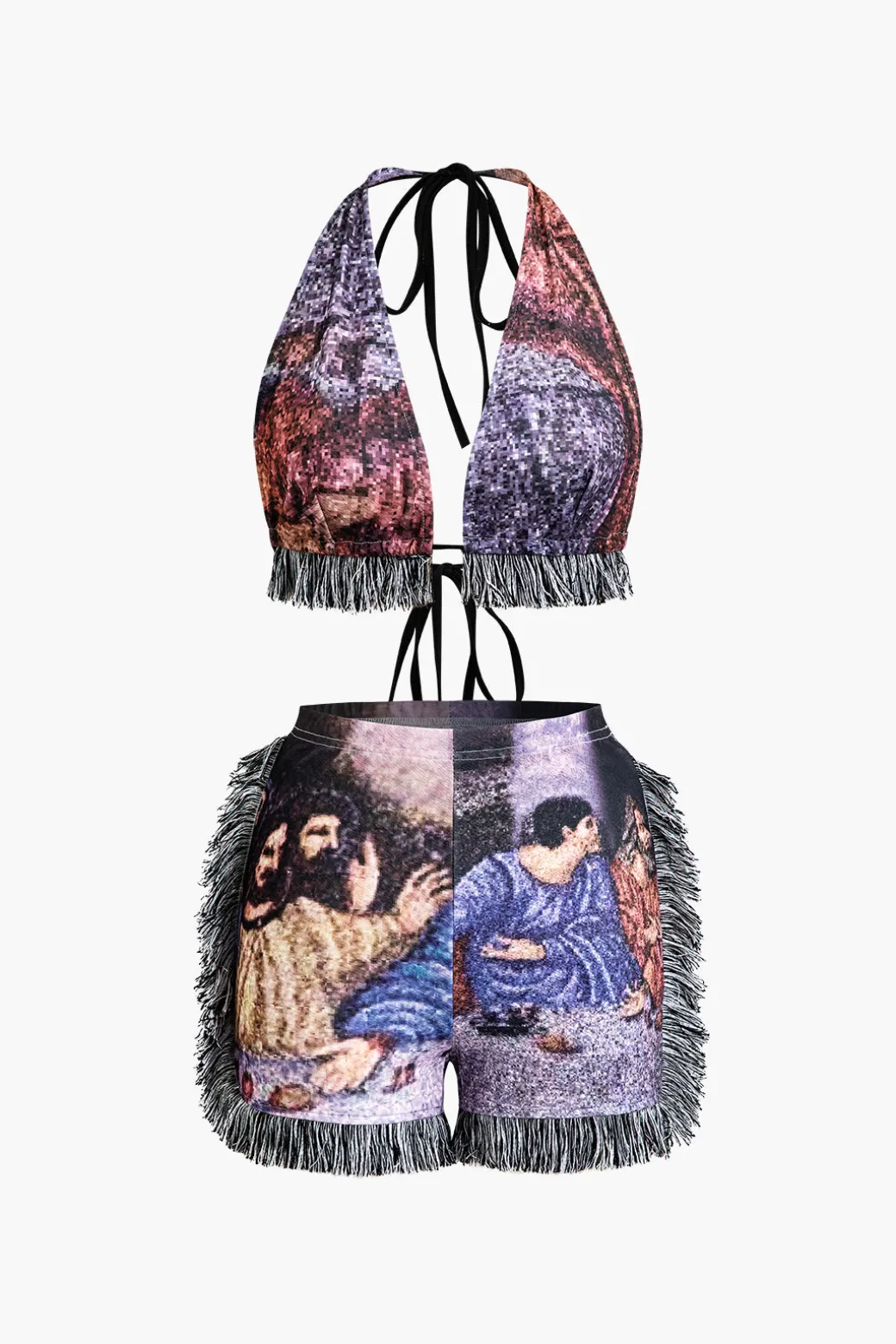 Retro Print Halter Backless Fringe Shorts Set