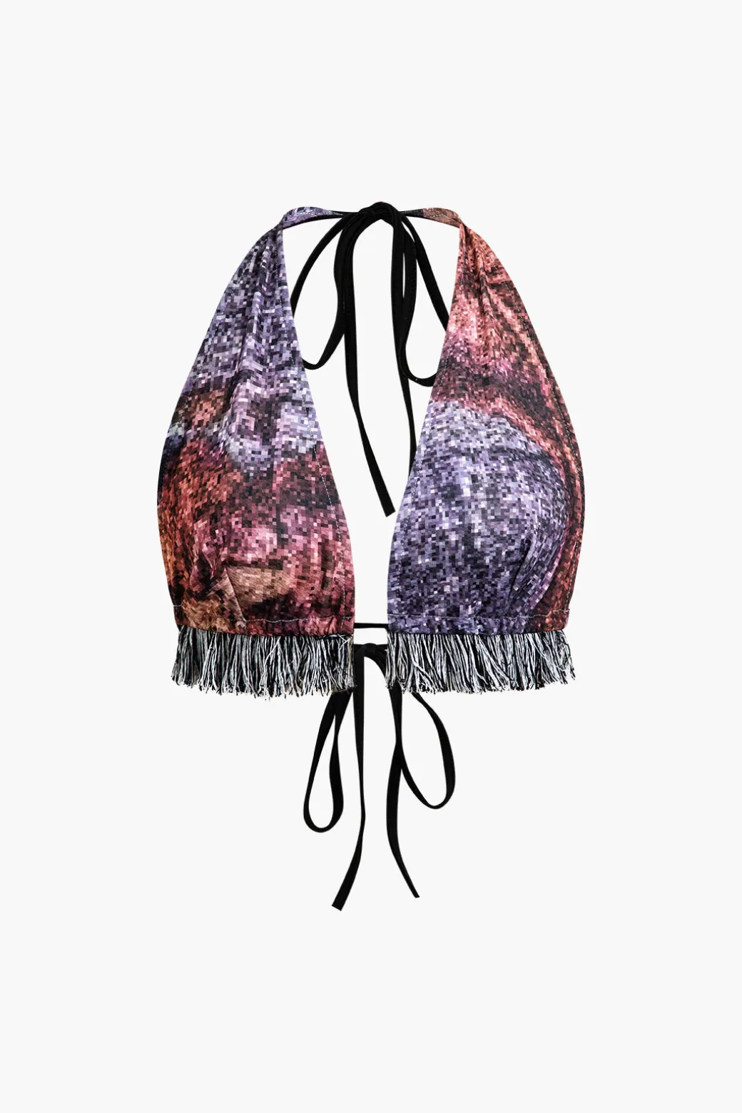 Retro Print Halter Backless Fringe Shorts Set