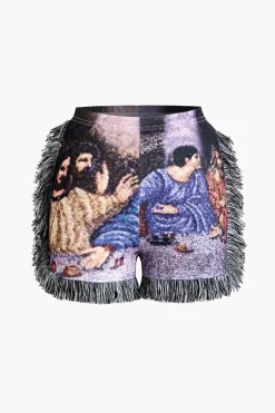 Retro Print Halter Backless Fringe Shorts Set