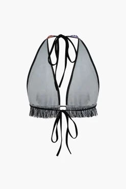 Retro Print Halter Backless Fringe Shorts Set