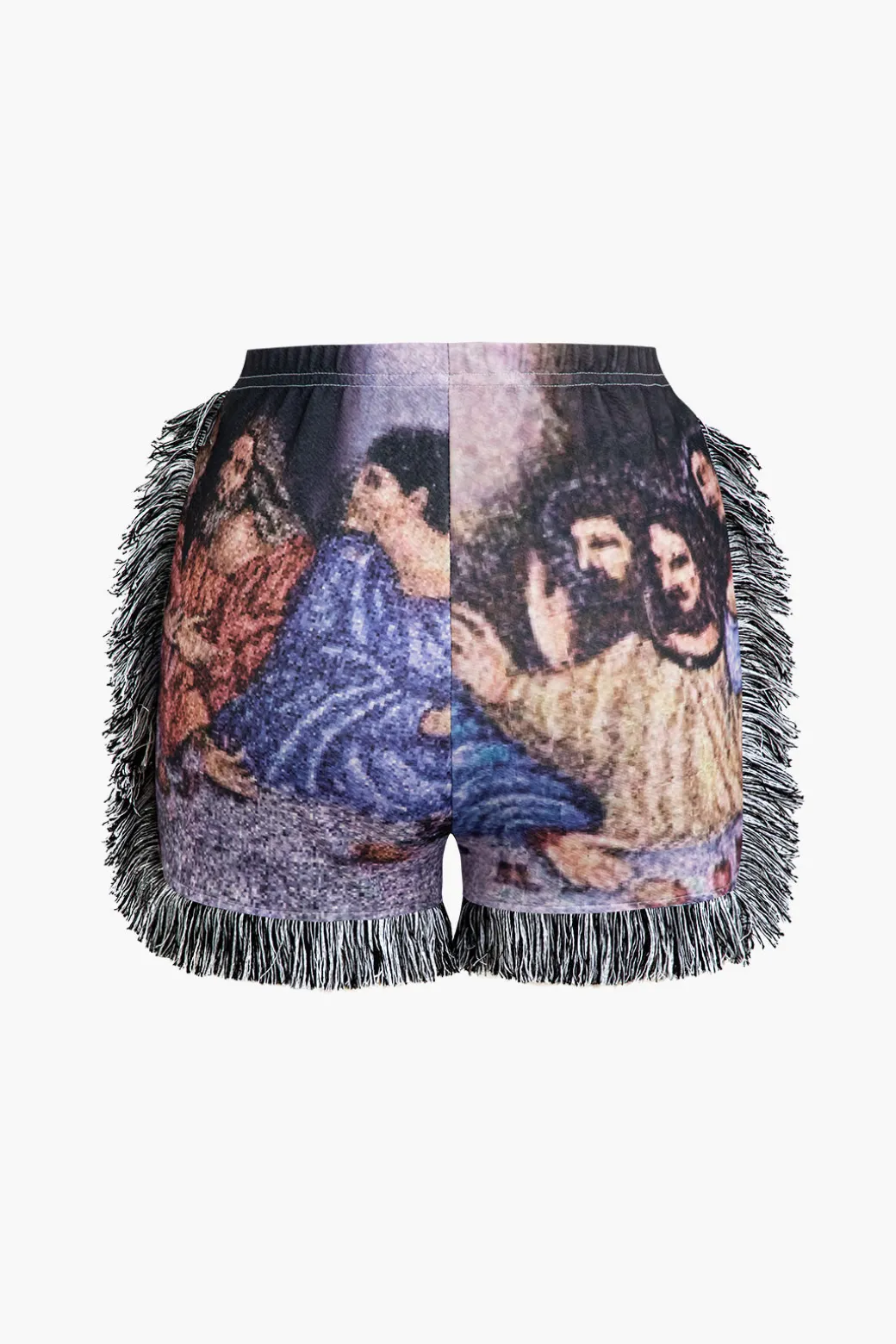 Retro Print Halter Backless Fringe Shorts Set