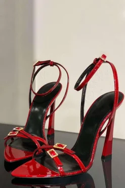 Rhinestone Embellished Artificial Patent Leather Cross Strap Open Toe High Heels