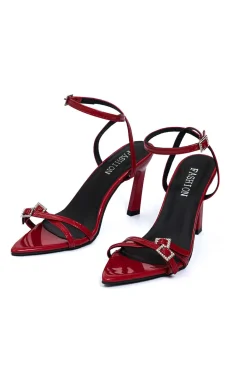Rhinestone Embellished Artificial Patent Leather Cross Strap Open Toe High Heels