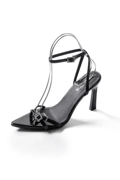 Rhinestone Embellished Artificial Patent Leather Cross Strap Open Toe High Heels