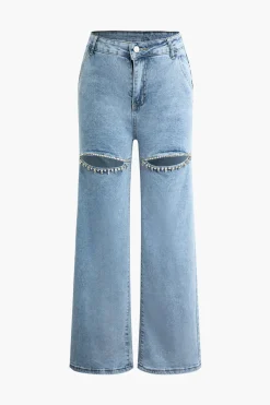 Rhinestone Embellished Cut Out Straight Leg Jeans
