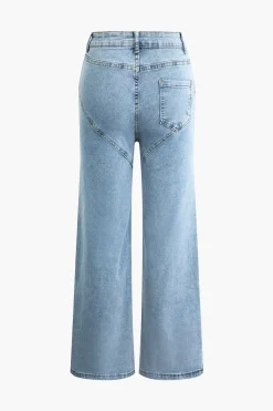 Rhinestone Embellished Cut Out Straight Leg Jeans