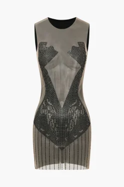 Rhinestone Sheer Mesh Patchwork Mini Dress
