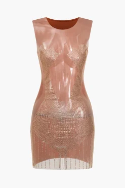Rhinestone Sheer Mesh Patchwork Mini Dress