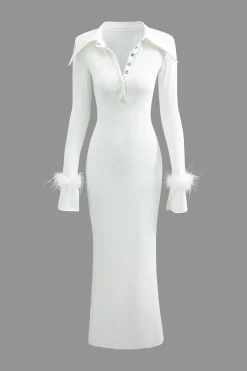 Rib Knit Button Collar Fluffy Cuff Maxi Dress