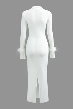 Rib Knit Button Collar Fluffy Cuff Maxi Dress