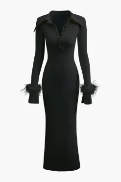 Rib Knit Button Collar Fluffy Cuff Maxi Dress