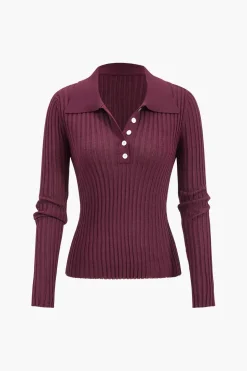 Ribbed Button Long-Sleeve Top