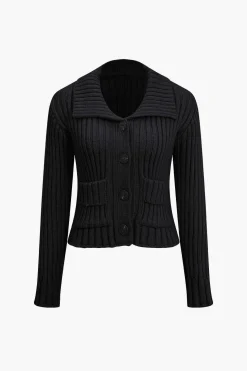 Ribbed Button-Front Pockets Sweater Cardigan