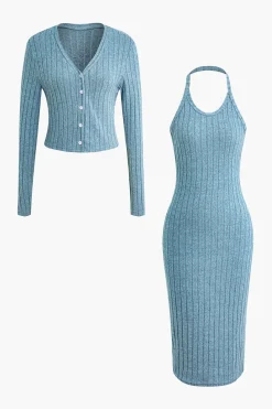 Ribbed Cardigan And Halter Dress Set