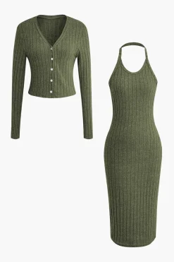 Ribbed Cardigan And Halter Dress Set