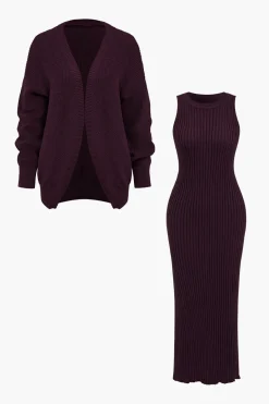 Ribbed Knit Dress And Cardigan Set