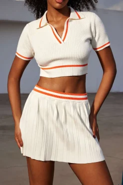 Ribbed Knit Polo Top And Pleated Skirt Set