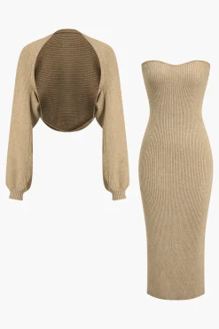 Ribbed Knit Strapless Midi Dress And Bolero Set