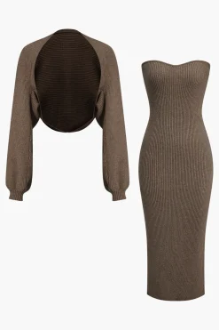 Ribbed Knit Strapless Midi Dress And Bolero Set