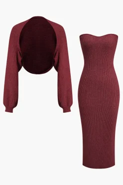 Ribbed Knit Strapless Midi Dress And Bolero Set