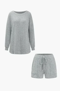 Ribbed Knit Top And Drawstring Shorts Set