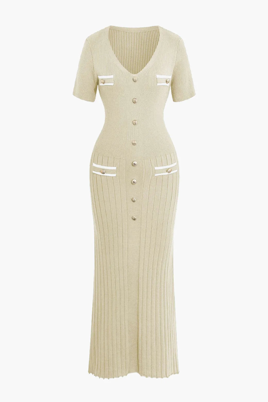 Ribbed Knit V-neck Midi Dress