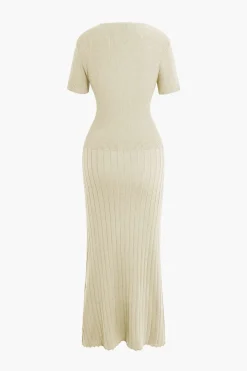 Ribbed Knit V-neck Midi Dress