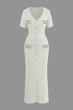 Ribbed Knit V-neck Midi Dress